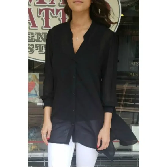 NWT Chiffon Button Down Tunic 3/4 Sleeve S/M Black & White Available - Picture 2 of 2